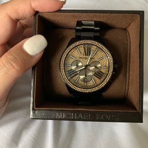 Michael Kors Watch Black and Gold Rhinestone